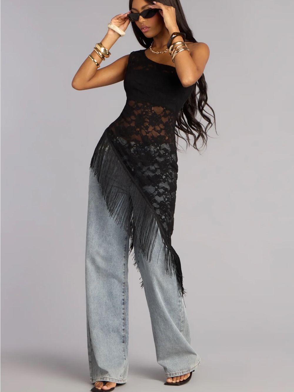 Windsor One-Shoulder Black Lace Fringe Dress